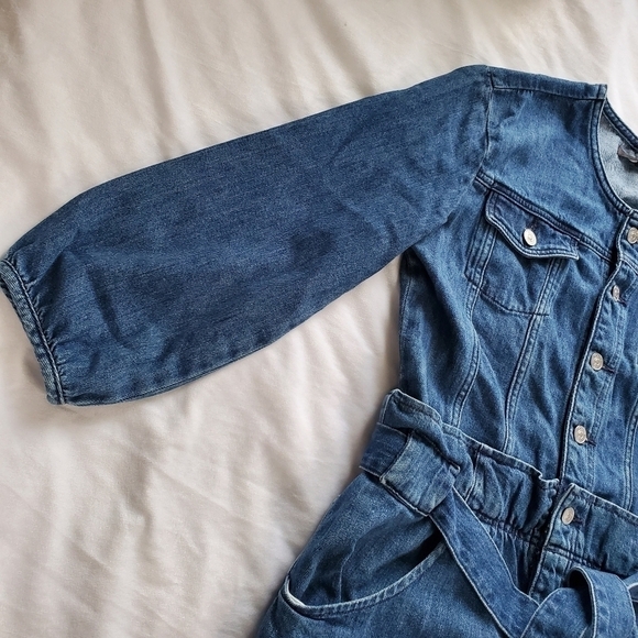 Hudson Blouson Sleeve Paper Bag Denim Longsleeve Dress - Medium Indigo Blue - Picture 3 of 16